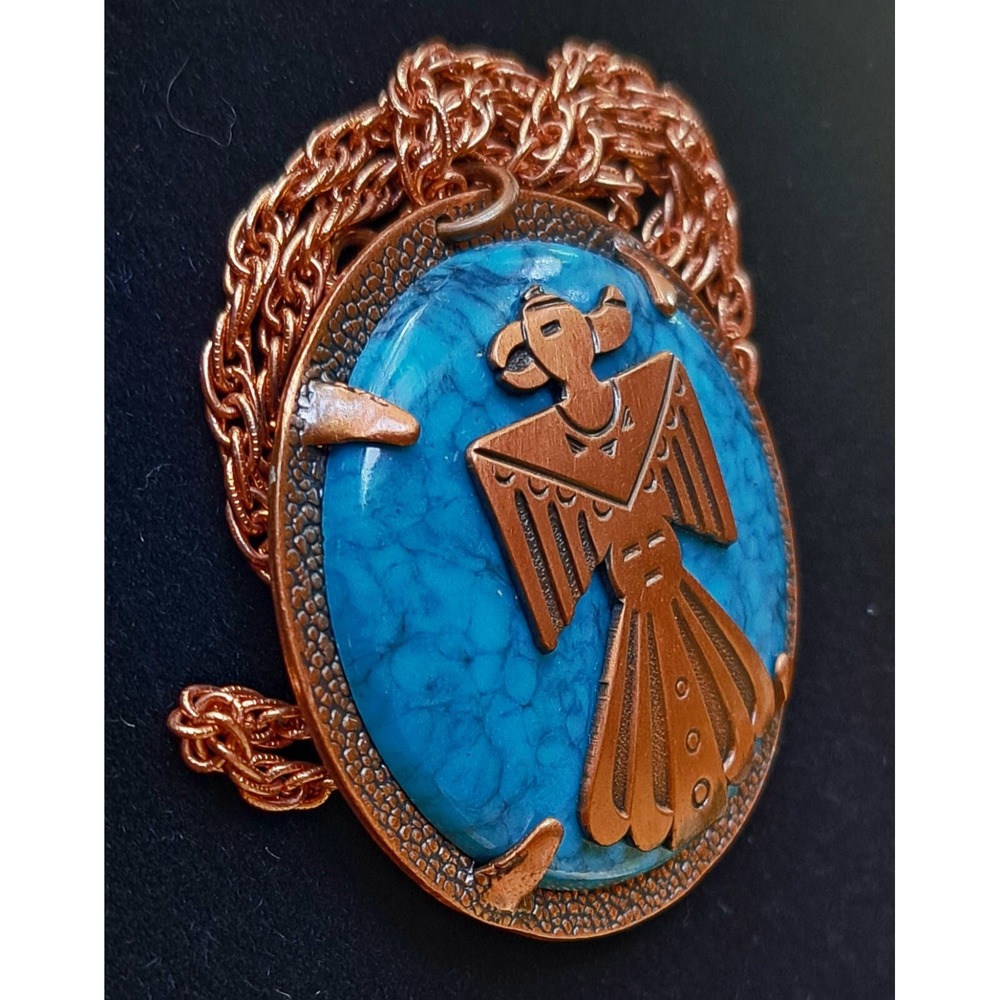 Copper By Bell Blue Marbled Glass Thunderbird Southwestern Pendant 28" Necklace - Picture 4 of 7
